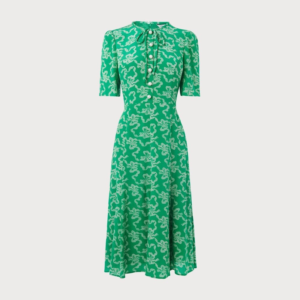 NWT/buttons LK Bennett Montana Green Silk Midi Dress SZ6.